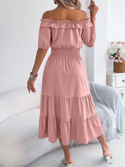 Off Shoulder Smocked Waist Maxi Dress Ruffle Sleeve