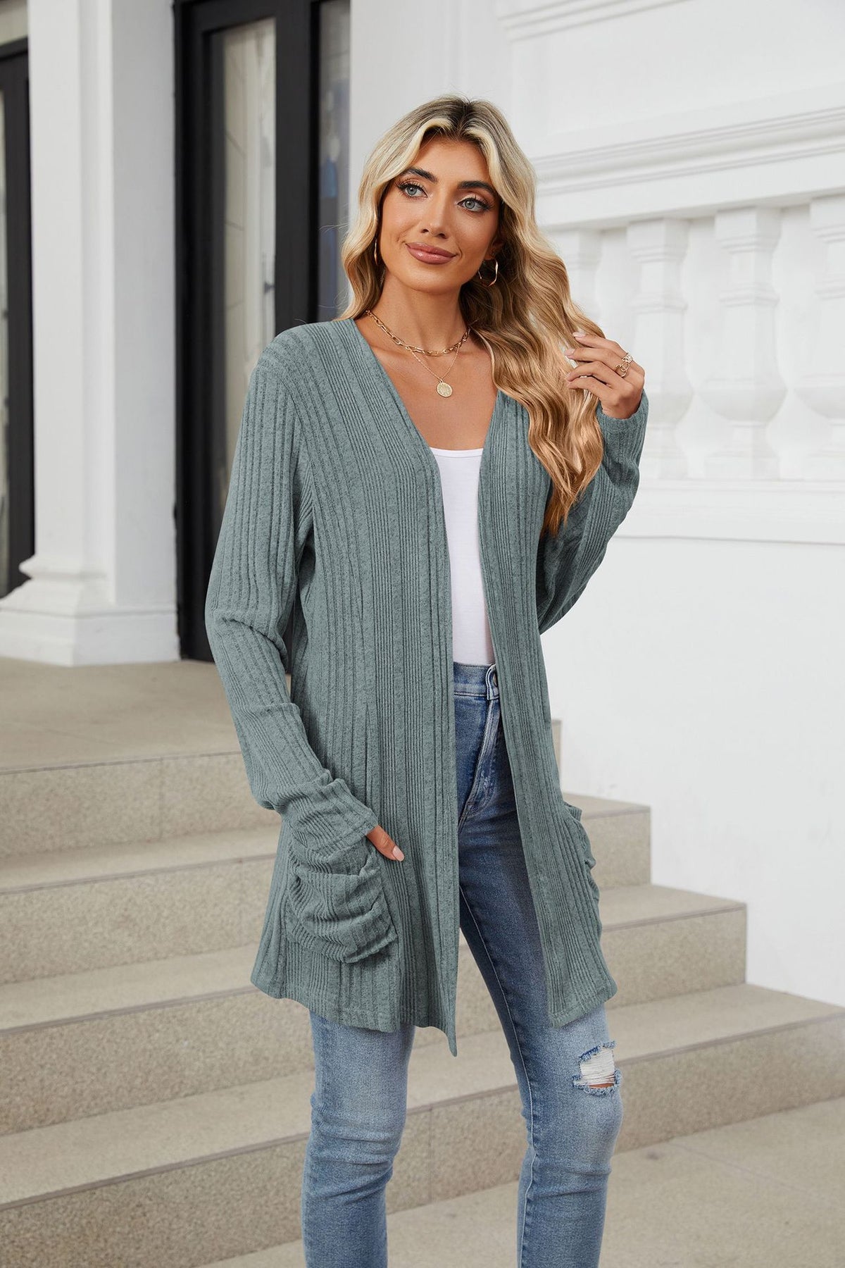Women's Long Sleeve Ribbed Open Front Cardigan Pockets