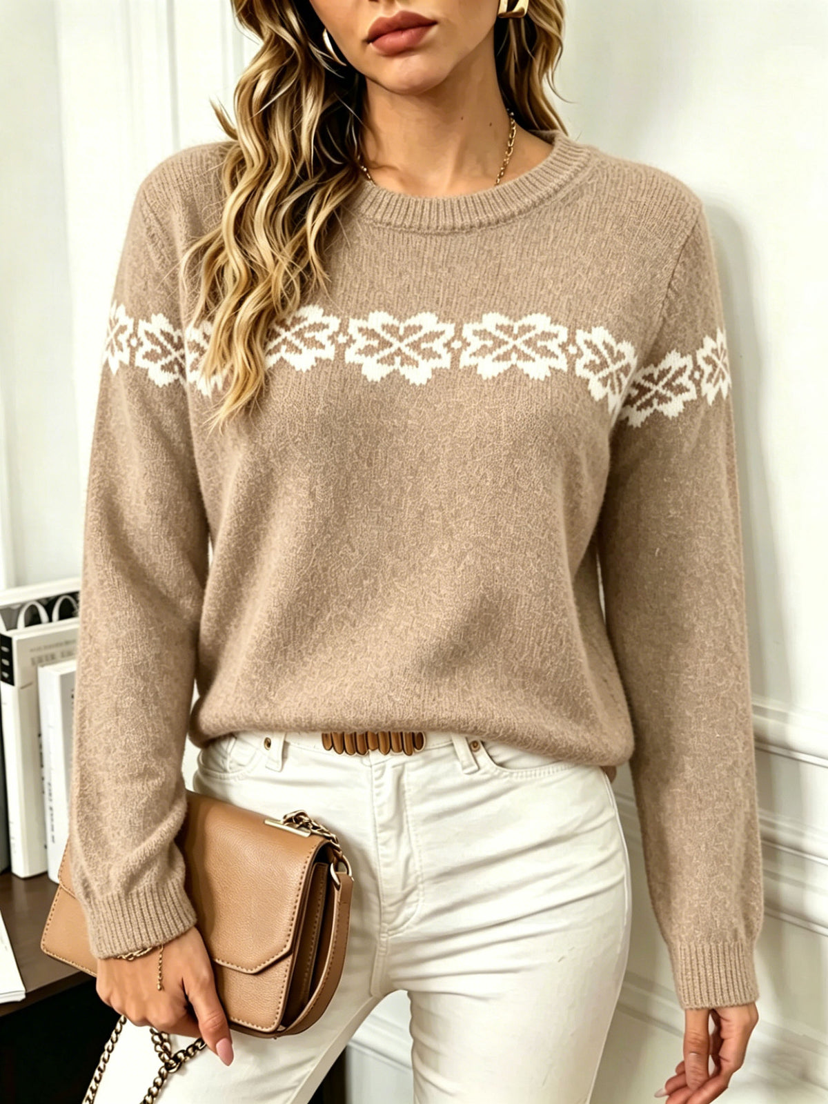 Womens Fair Isle Crew Neck Pullover Sweater