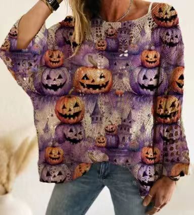 Off Shoulder Crochet Halloween Pumpkin Bat Sweater