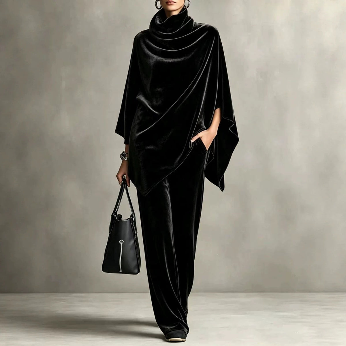 Women's Velvet Cowl Neck Poncho Wide Leg Pants Set