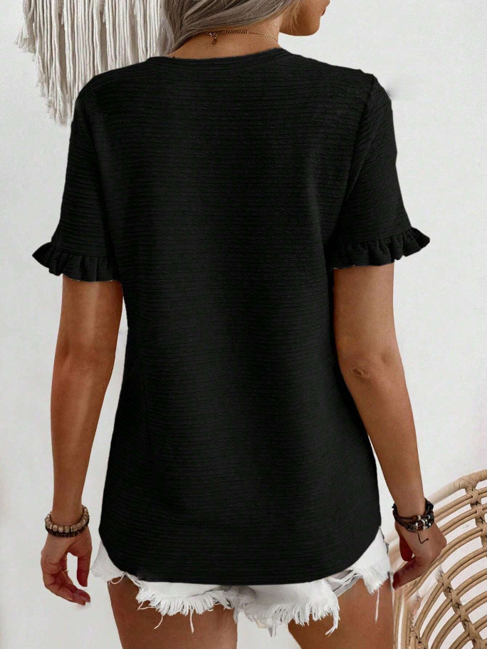 Women’s Ruffle Sleeve Textured Round Neck Casual Top