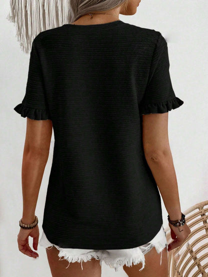 Women’s Ruffle Sleeve Textured Round Neck Casual Top