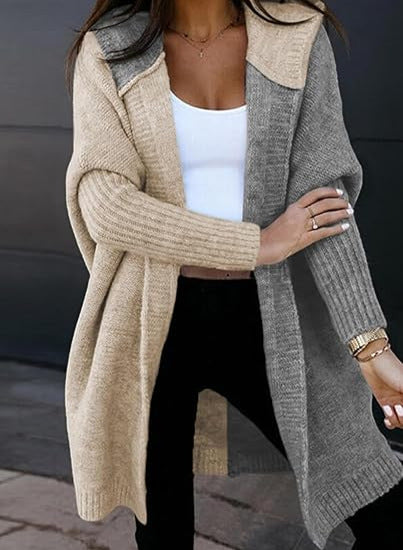 Oversized Hooded Color Block Open Front Long Cardigan
