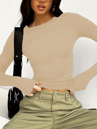 Women's Fitted Long Sleeve Crop Top Round Neck Basic Tee