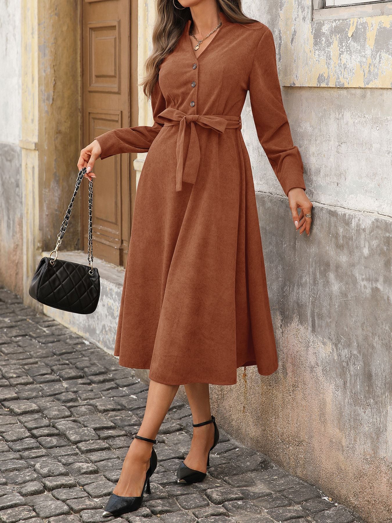 Corduroy V Neck Belted Button Front Midi Dress