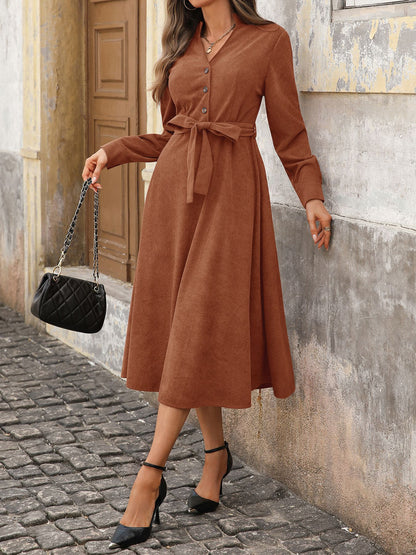 Corduroy V Neck Belted Button Front Midi Dress