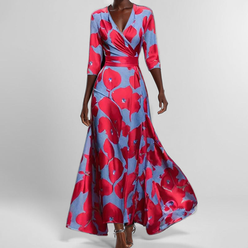 Floral V-Neck Maxi Dress Smocked Waist Half Sleeve