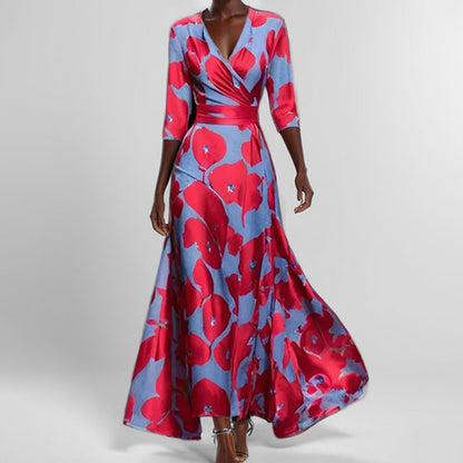 Floral V-Neck Maxi Dress Smocked Waist Half Sleeve