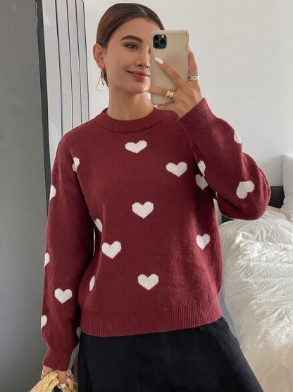 Heart Jacquard Knit Crew Neck Oversized Sweater