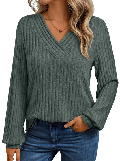 Textured Rib Knit V-Neck Pullover Long Sleeve Top