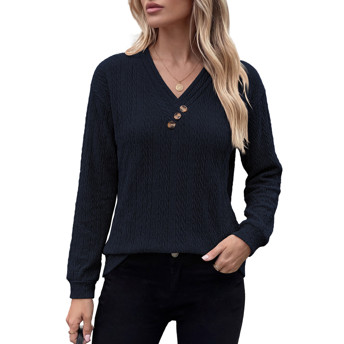 Women's V Neck Button Long Sleeve Textured Casual Blouse