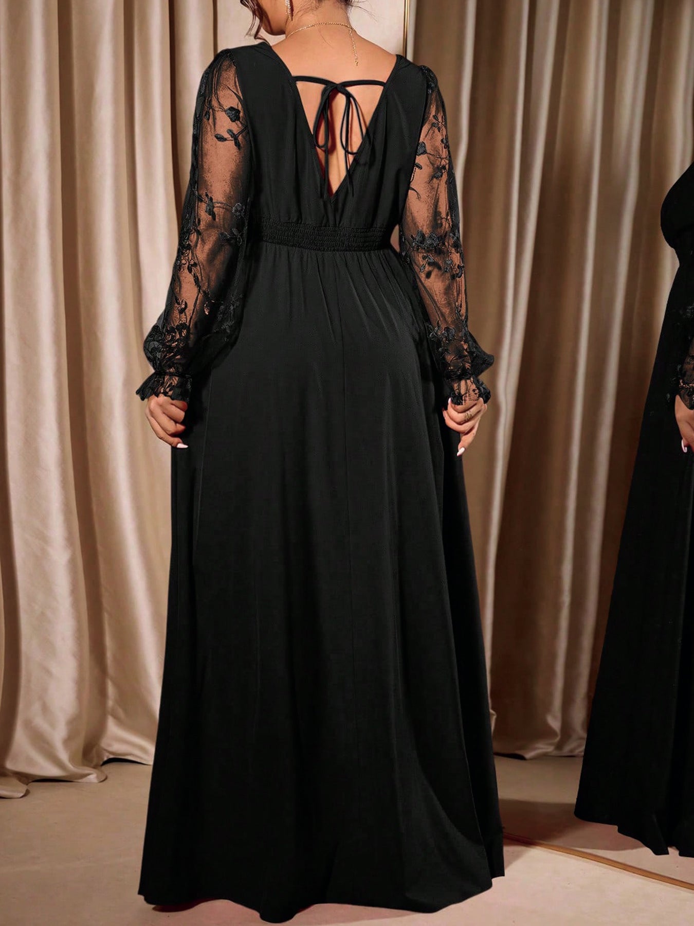 Plus Size Lace V Neck Slit Evening Maxi Dress
