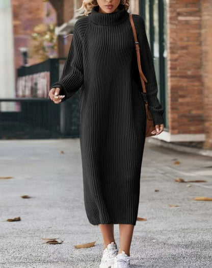Oversized Ribbed Turtleneck Sweater Dress Long Sleeve Midi
