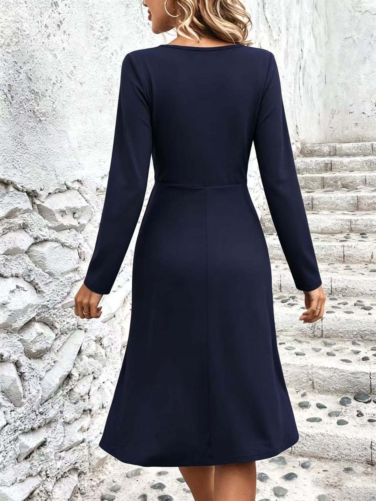Women's V-Neck Long Sleeve Twist Front A-Line Midi Dress