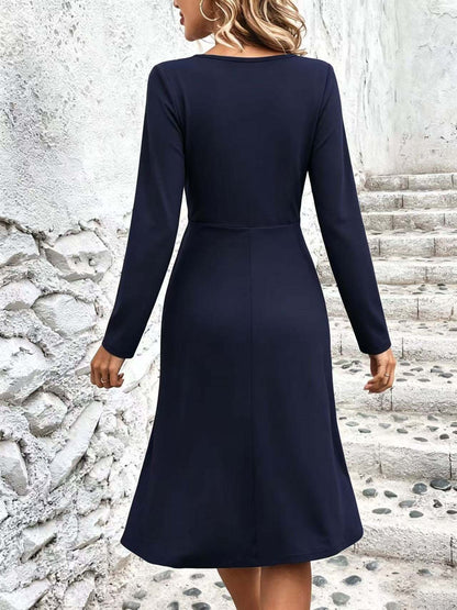Women's V-Neck Long Sleeve Twist Front A-Line Midi Dress