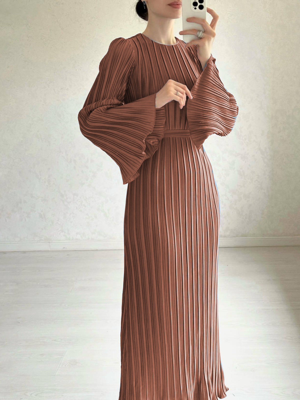 Pleated Bell Sleeve Maxi Dress Elegant Solid Flowy Mesh