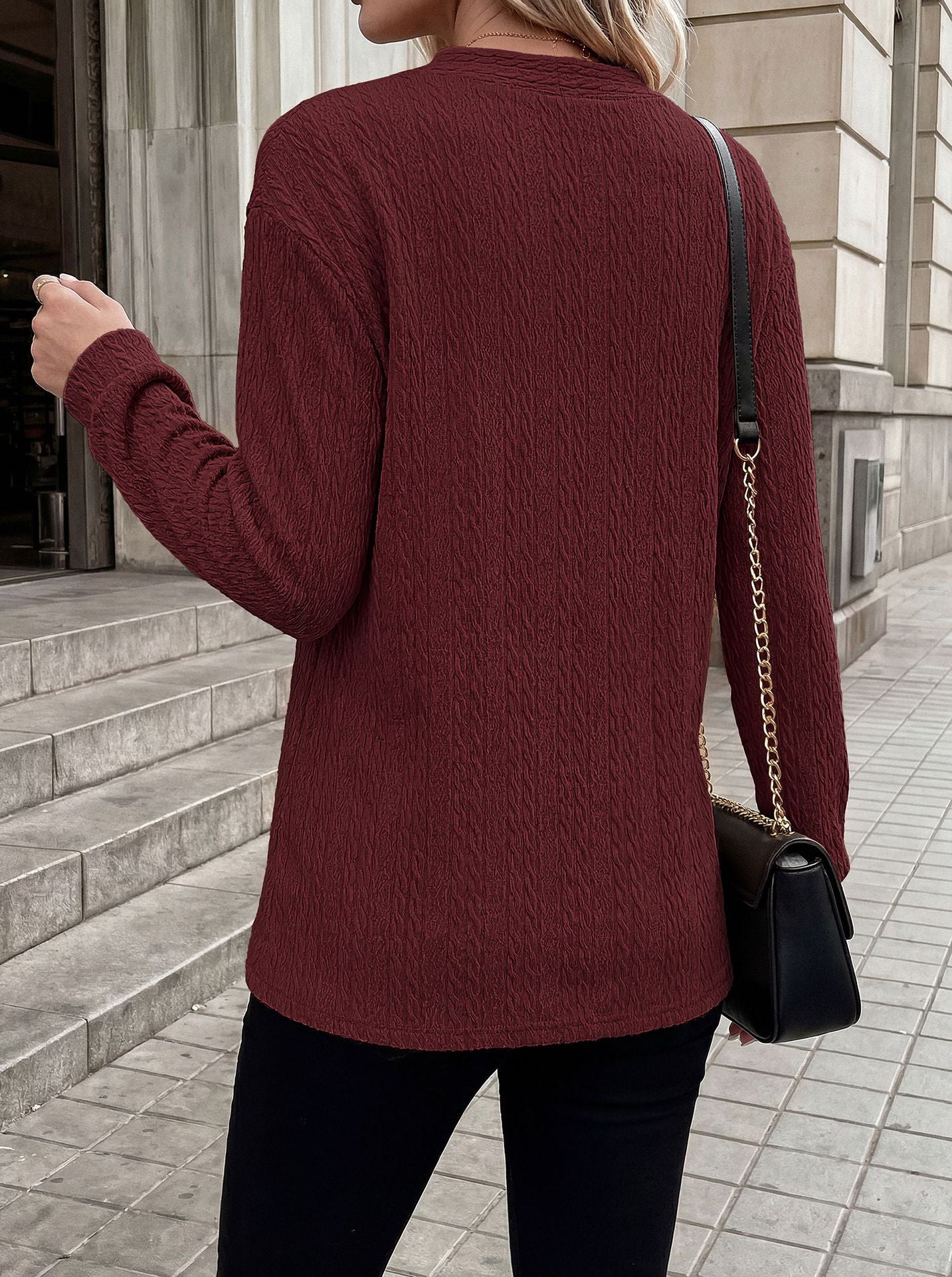 Women's V Neck Button Long Sleeve Textured Casual Blouse