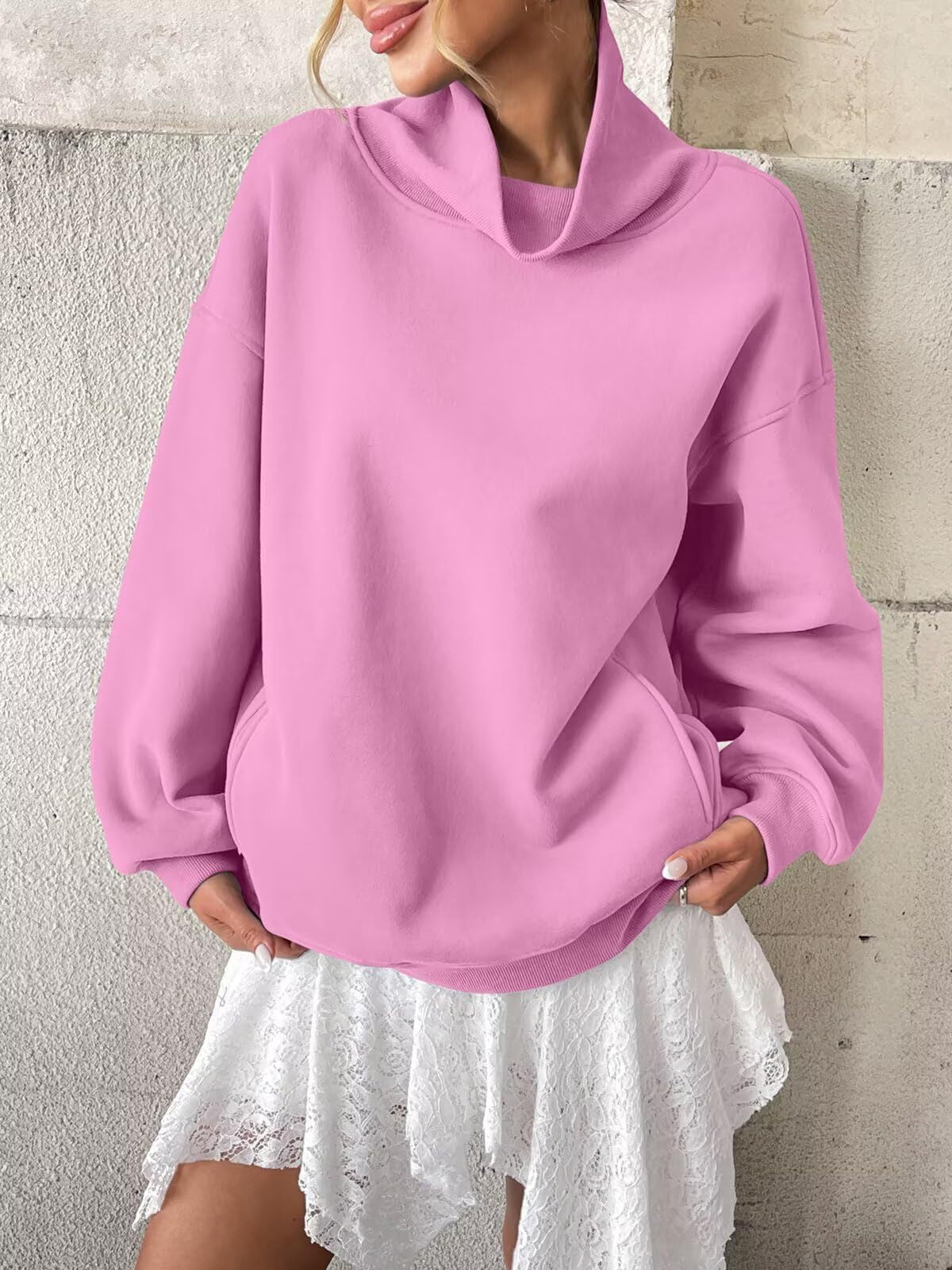 Fleece Mock Neck Oversized Sweatshirt Casual Pullover