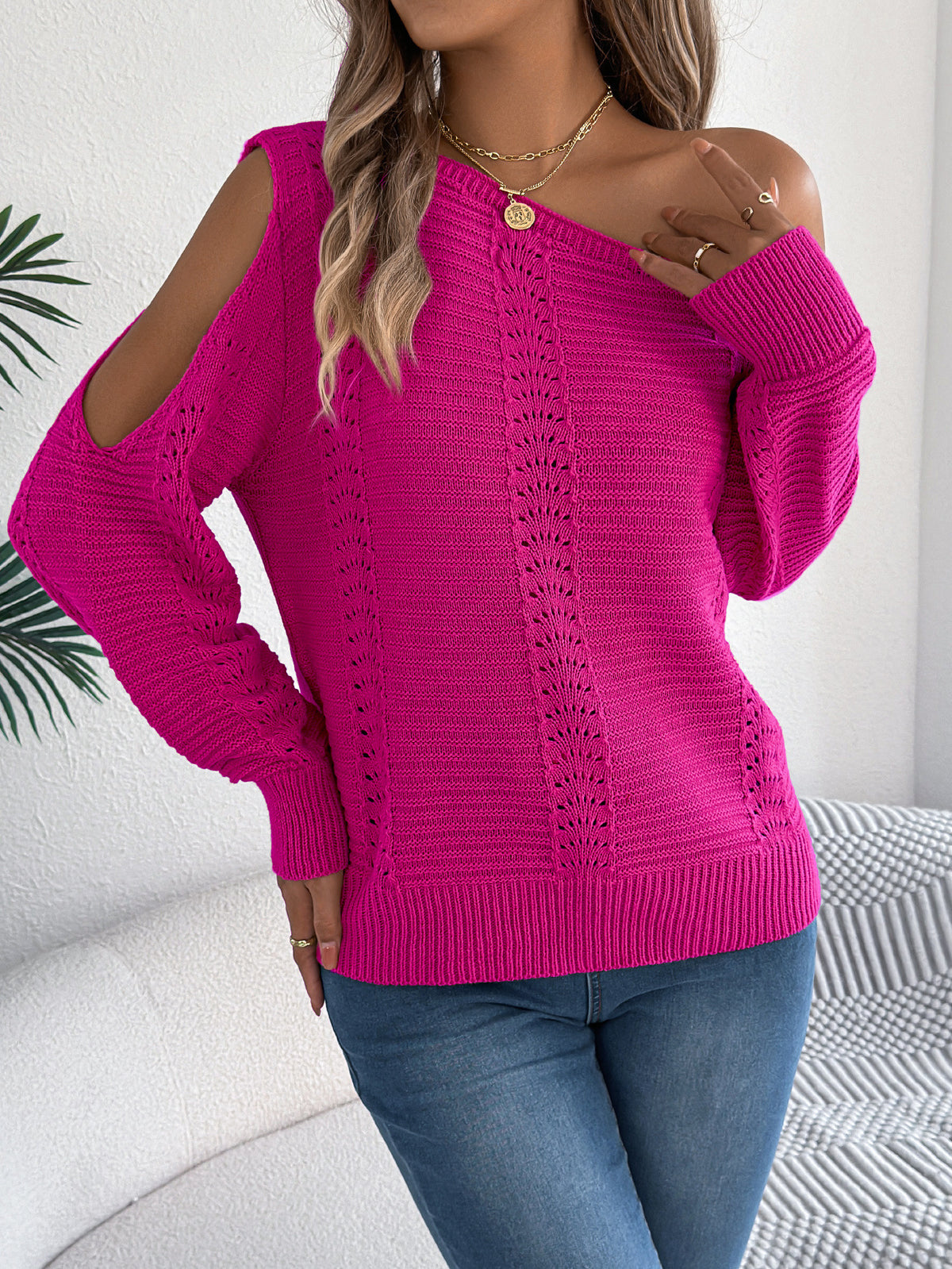 Women's Off Shoulder Cutout Pointelle Knit Sweater