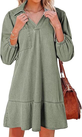 Women's V-Neck Denim Dress Puff Sleeve Tiered Jean Dress
