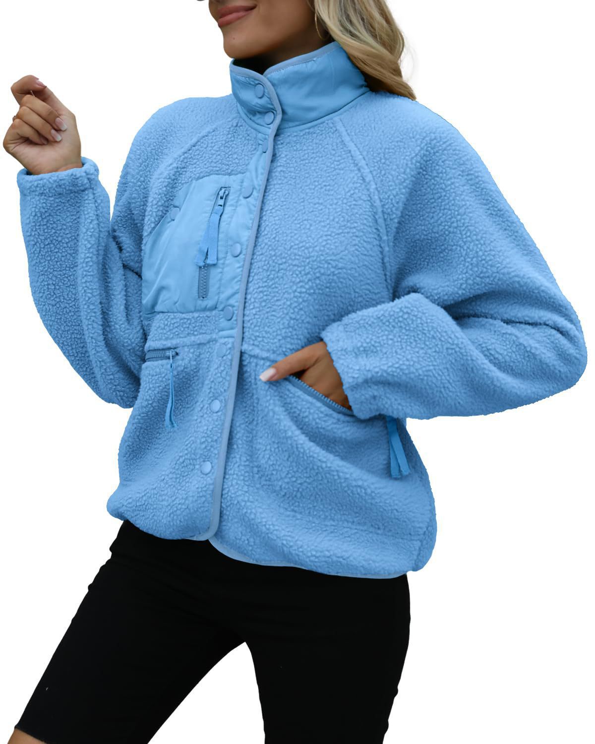 Women's Oversized Sherpa Fleece Jacket Button Front Casual
