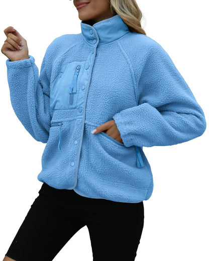 Women's Oversized Sherpa Fleece Jacket Button Front Casual