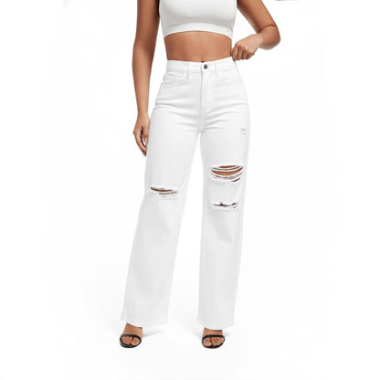High Waist Distressed Straight Leg White Denim Jeans