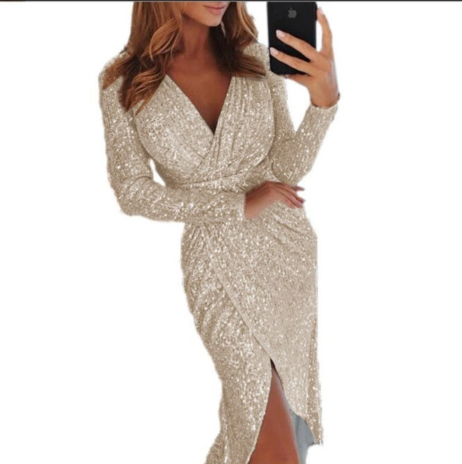 Sequin Long Sleeve V-Neck Bodycon Slit Midi Cocktail Dress