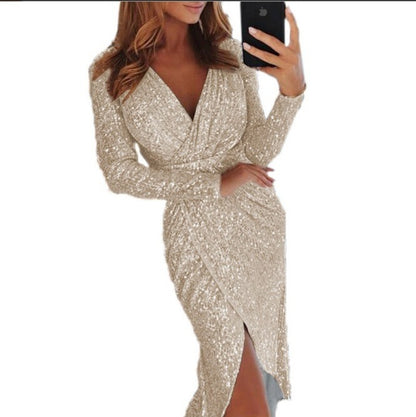 Sequin Long Sleeve V-Neck Bodycon Slit Midi Cocktail Dress