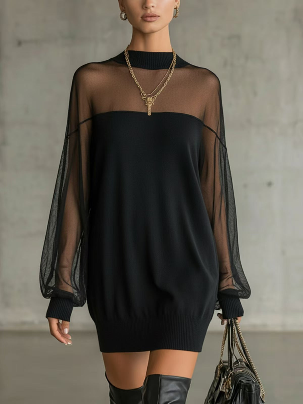 Women's Black Sheer Mesh Puff Sleeve Cocktail Dress