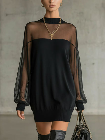 Women's Black Sheer Mesh Puff Sleeve Cocktail Dress