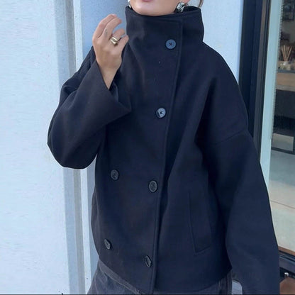 Women's Oversized Double Breasted Stand Collar Wool Coat