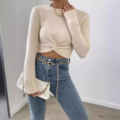 Twist Front Crop Sweater Crew Neck Long Sleeve Fitted