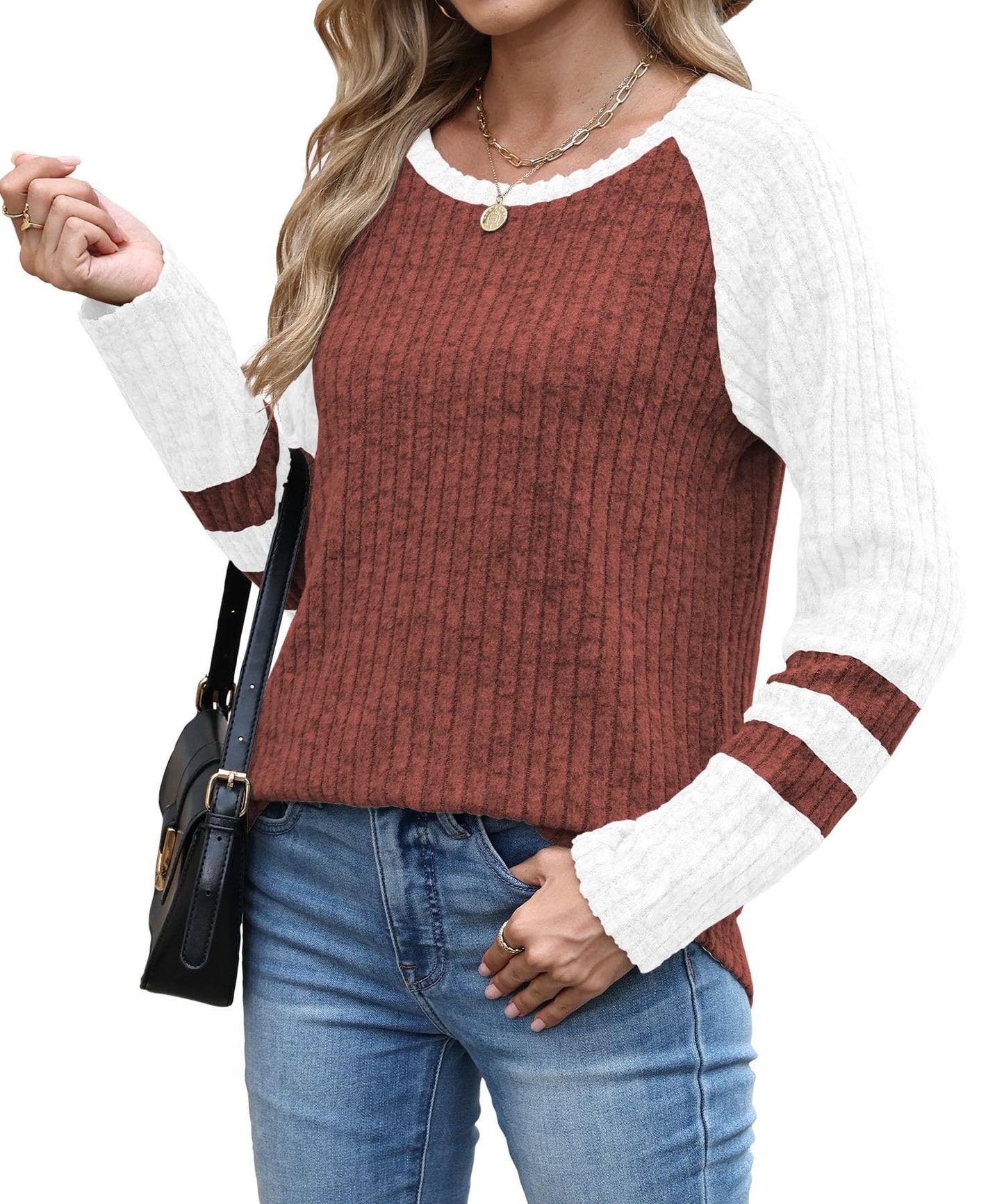 Colorblock Ribbed Knit Sweater Women Casual Pullover Top