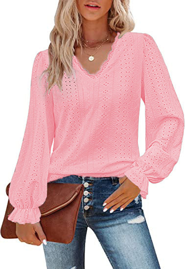 Women's V Neck Lace Long Sleeve Blouse Tunic Top
