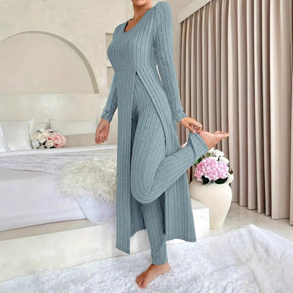 Ribbed Knit Side Slit Long Sleeve Pants Two Piece Set