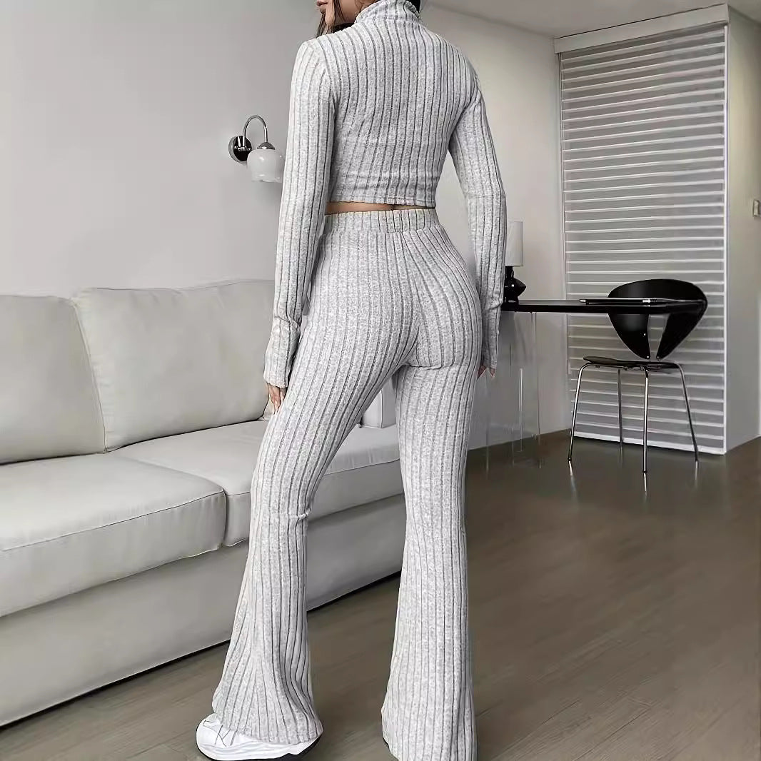 Women's Ribbed Zip Up Crop Top & High Waist Flare Pants Set