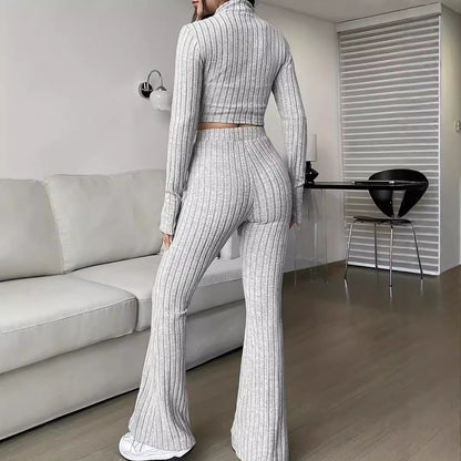 Women's Ribbed Zip Up Crop Top & High Waist Flare Pants Set