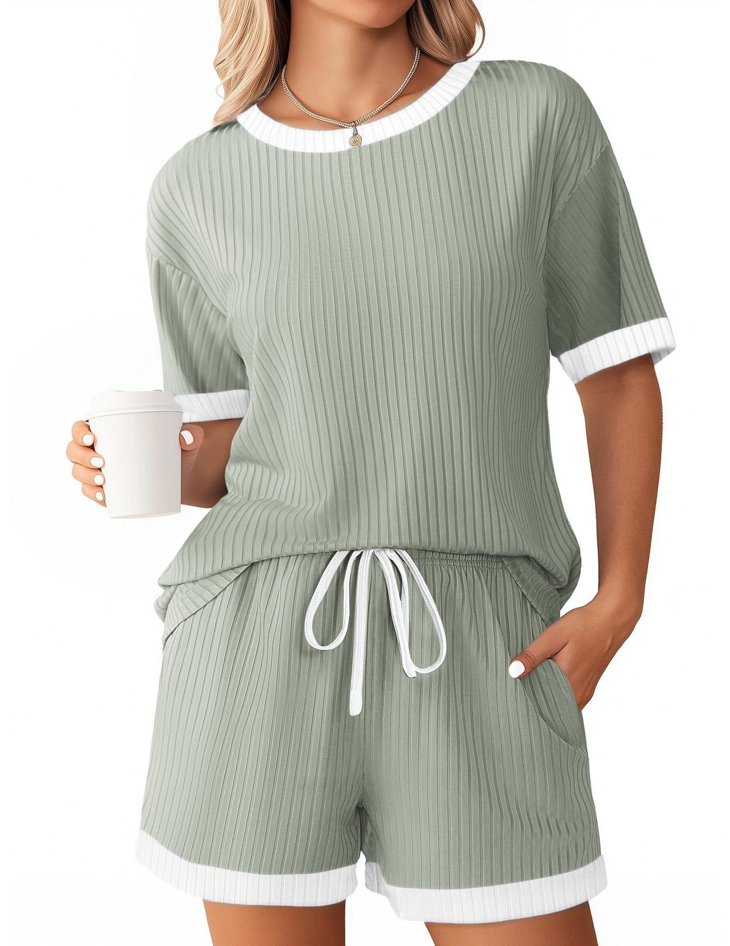 Ribbed Colorblock Lounge Shorts Set Summer Pajama