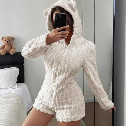Women's Fuzzy Bear Hooded Romper Shorts Onesie