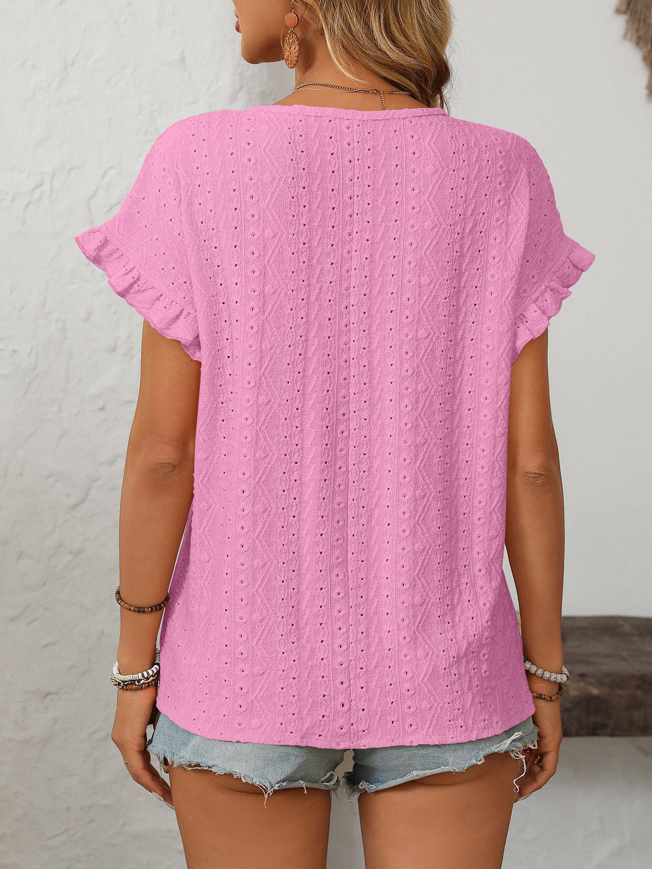 Women’s Eyelet Knit Crewneck Ruffle Sleeve Summer Top