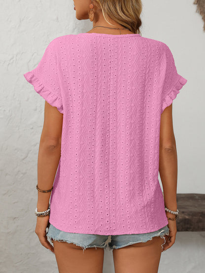 Women’s Eyelet Knit Crewneck Ruffle Sleeve Summer Top