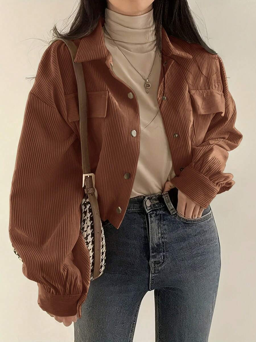 Corduroy Cropped Shacket Snap Front Relaxed Fit