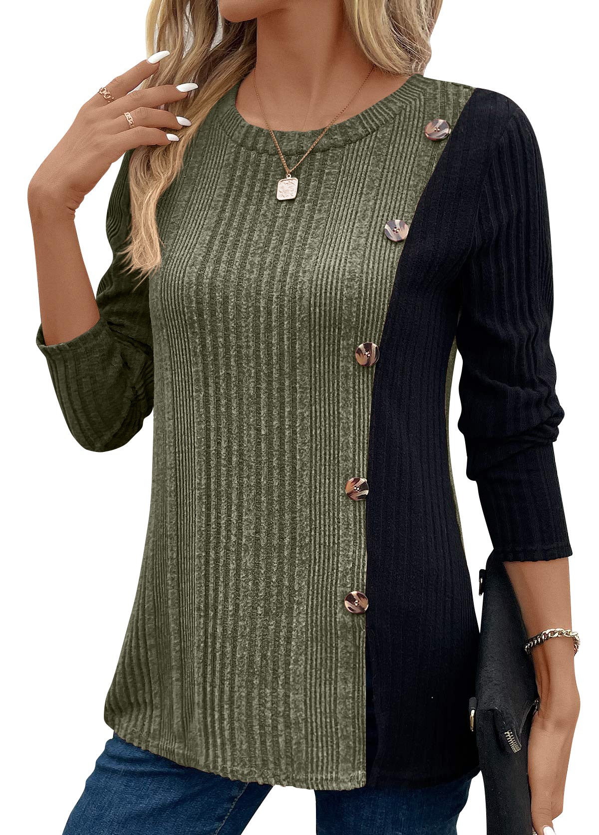 Color Block Button Split Top Casual Long Sleeve Cross-Border