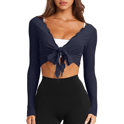 Women's V Neck Wrap Crop Top Long Sleeve Lettuce Trim Knit