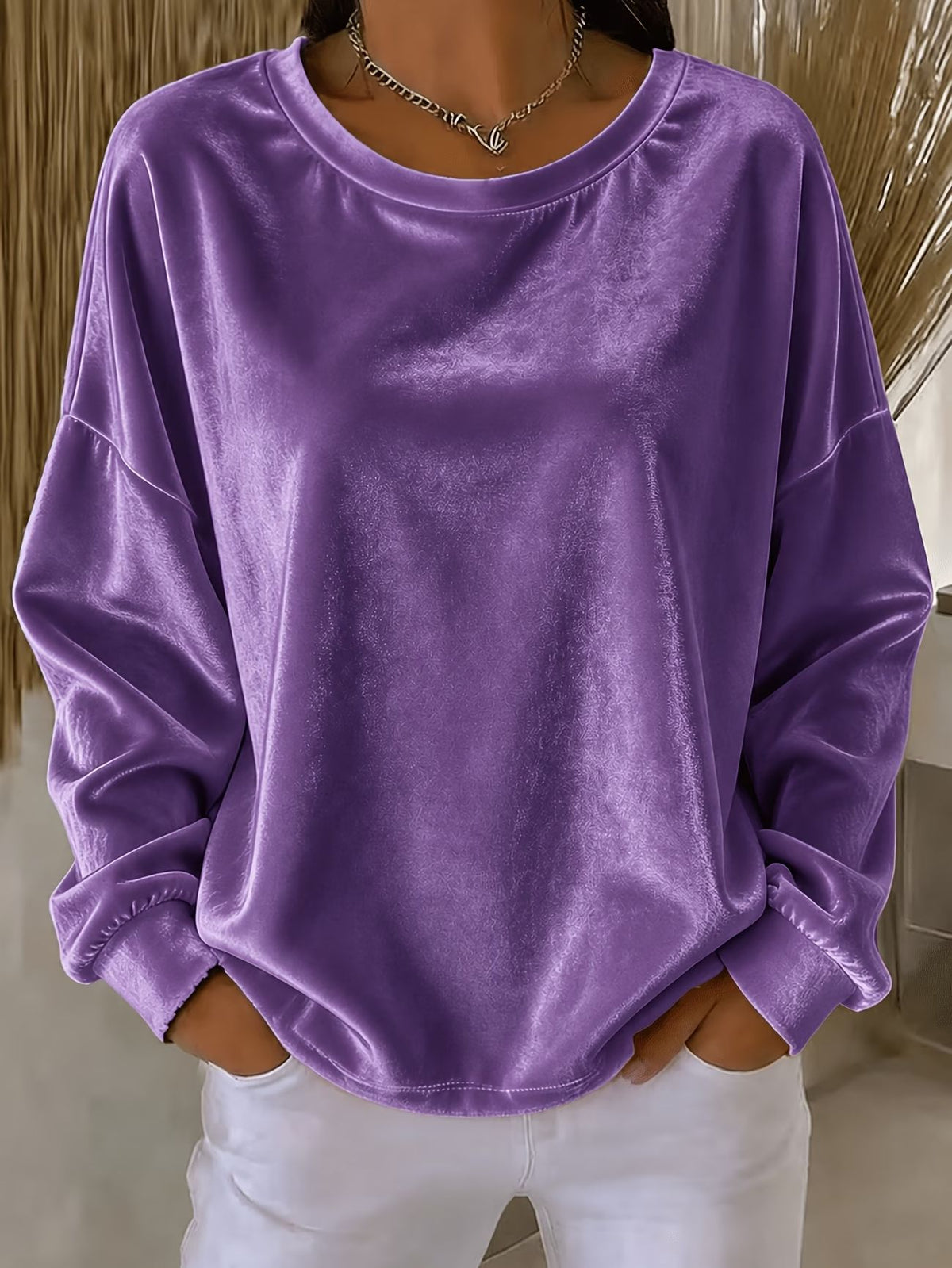 Women Velvet Long Sleeve Crew Neck Casual Tunic Top