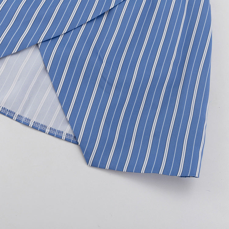 Blue Striped Button Down Shirt and Mini Skirt Set