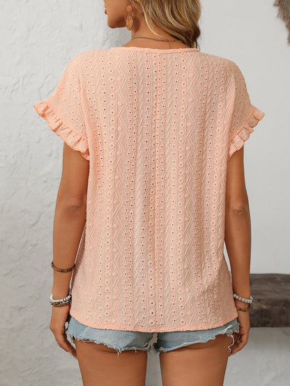 Women’s Eyelet Knit Crewneck Ruffle Sleeve Summer Top