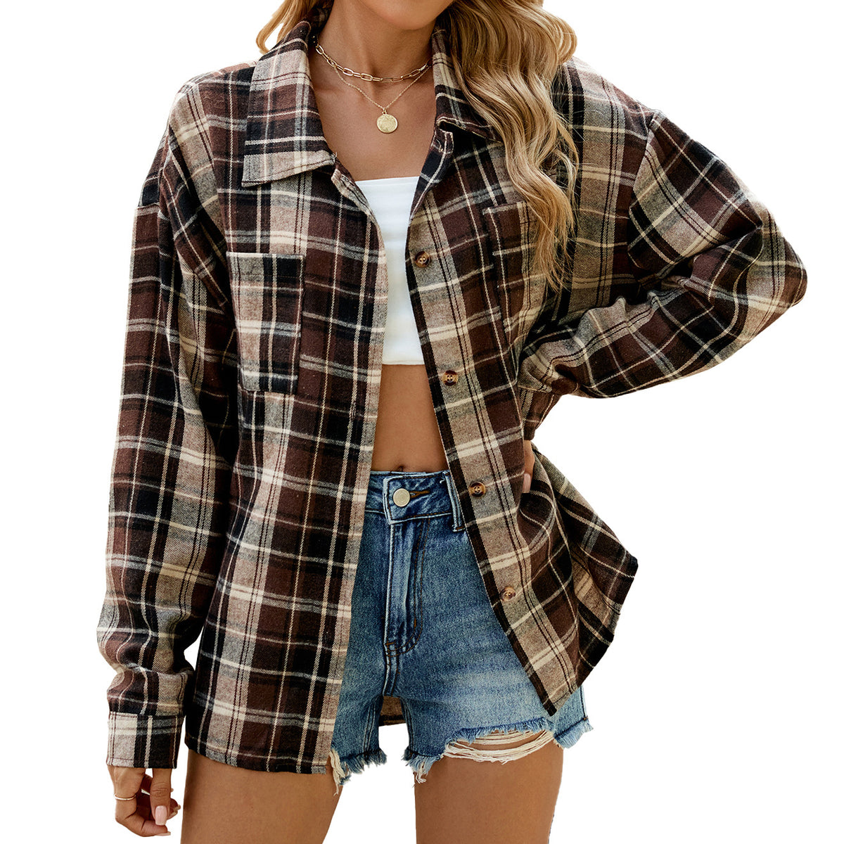 Women's Oversized Plaid Shacket Long Sleeve Button Down